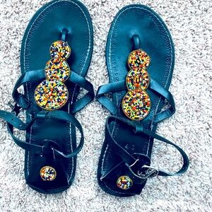 Black Beautiful Beaded Leather Sandals Size 43